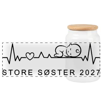 Große Schwester 2027 Herzschlag Dänisch - Panorama Keksdose mit Holzdeckel - Weiß - Vorne