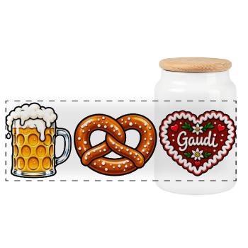 Bier Brezel & Lebkuchenherz –  Volksfest Motiv - Panorama Keksdose mit Holzdeckel - Weiß - Vorne