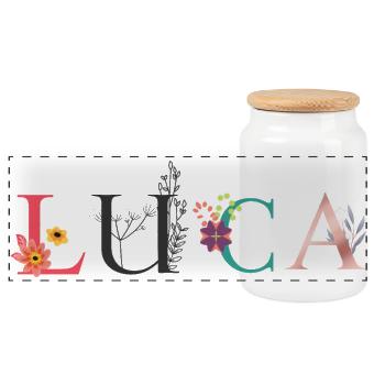 LUCA Namenskunst mit gestickten Blumen - Panorama Keksdose mit Holzdeckel - Weiß - Vorne