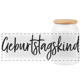 Geburtstagskind – Textdesign - Panorama Keksdose mit Holzdeckel - Weiß - Vorne