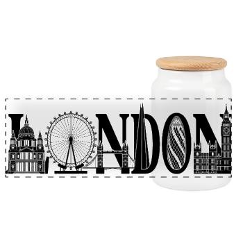 London UK England Silhouette - Panoramic Cookie Jar with Wooden Lid - white - Front