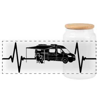 Camping Liebe mit Herzschlag und Wohnmobil  - Panorama Keksdose mit Holzdeckel - Weiß - Vorne