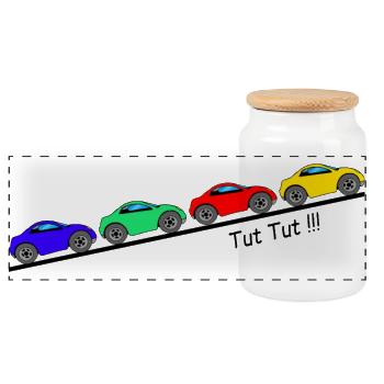 4 Autos für Kinder ... Tut Tut - Panorama Keksdose mit Holzdeckel - Weiß - Vorne