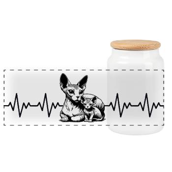 Sphynx Cat ECG Heartbeat - Panoramic Cookie Jar with Wooden Lid - white - Front