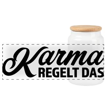 Karma regelt das Spruch T-Shirt - Panorama Keksdose mit Holzdeckel - Weiß - Vorne