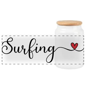 Surfing Heart Typography - Panoramic Cookie Jar with Wooden Lid - white - Front