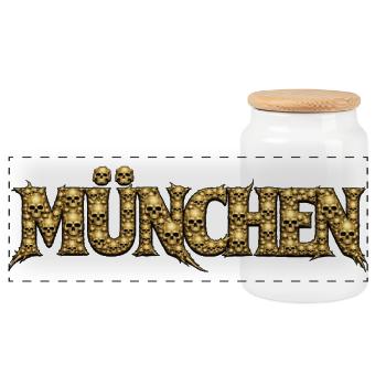 Goldene Schädelbuchstaben München - Panorama Keksdose mit Holzdeckel - Weiß - Vorne