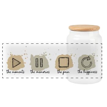 Mindfulness, Moments, Memories, Happiness - Panoramic Cookie Jar with Wooden Lid - white - Front
