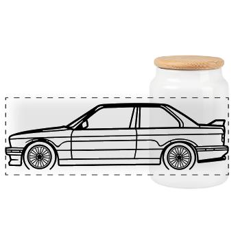 E30 M3 Line Silhouette – Classic Performance Art - Panorama Keksdose mit Holzdeckel - Weiß - Vorne