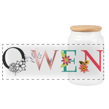 OWEN Namenskunst mit gestickten Blumen - Panorama Keksdose mit Holzdeckel - Weiß - Vorne