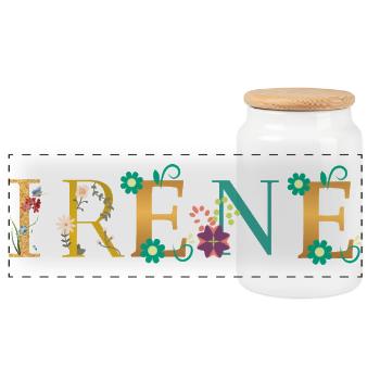 IRENE Name Adorned with Flowers - Panoramic Cookie Jar with Wooden Lid - white - Front