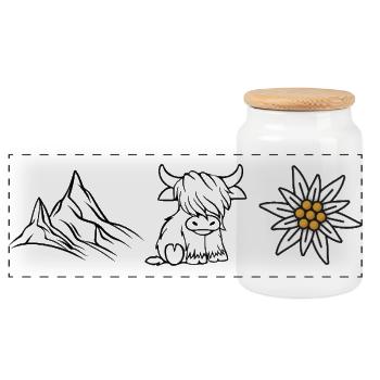 Mountains Cow Edelweiss_Wandershirt - Panoramic Cookie Jar with Wooden Lid - white - Front