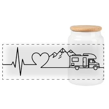 Camping Heartbeat Caravan – Line Art Design - Panoramic Cookie Jar with Wooden Lid - white - Front