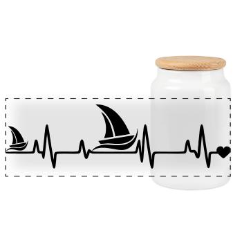 Sailboat heart - Panoramic Cookie Jar with Wooden Lid - white - Front
