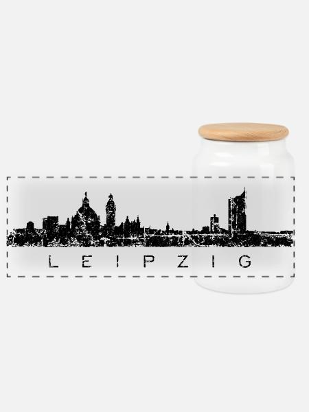 Leipzig Skyline Panorama (Vintage/Schwarz) - Panorama Keksdose mit Holzdeckel - Weiß