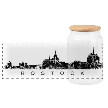 Rostocker Skyline (Vintage Schwarz) Rostock - Panorama Keksdose mit Holzdeckel - Weiß - Vorne
