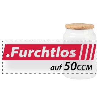 Furchtlos auf 50ccm Stolzer Mofa- und Mopedfahrer - Panorama Keksdose mit Holzdeckel - Weiß - Vorne