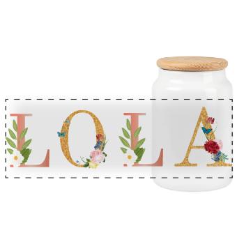 LOLA Namenskunst mit Blumen bestickt - Panorama Keksdose mit Holzdeckel - Weiß - Vorne