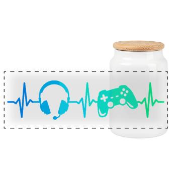 Gamer Heartbeat Gaming Controller Gamepad Headset - Panoramic Cookie Jar with Wooden Lid - white - Front