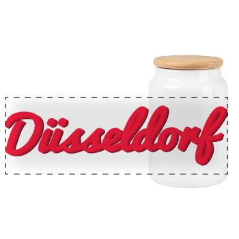 Düsseldorf Script Stadtlogo - Panorama Keksdose mit Holzdeckel - Weiß - Vorne