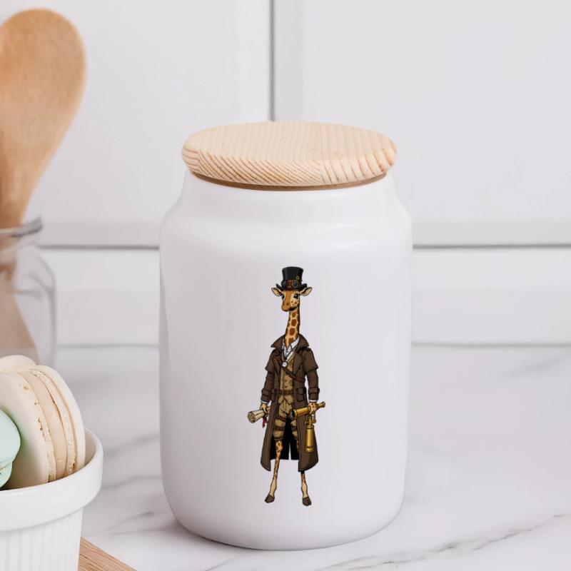 Giraffe Explorer Steampunk Chic Top Hat Panoramic Cookie Jar with Wooden Lid