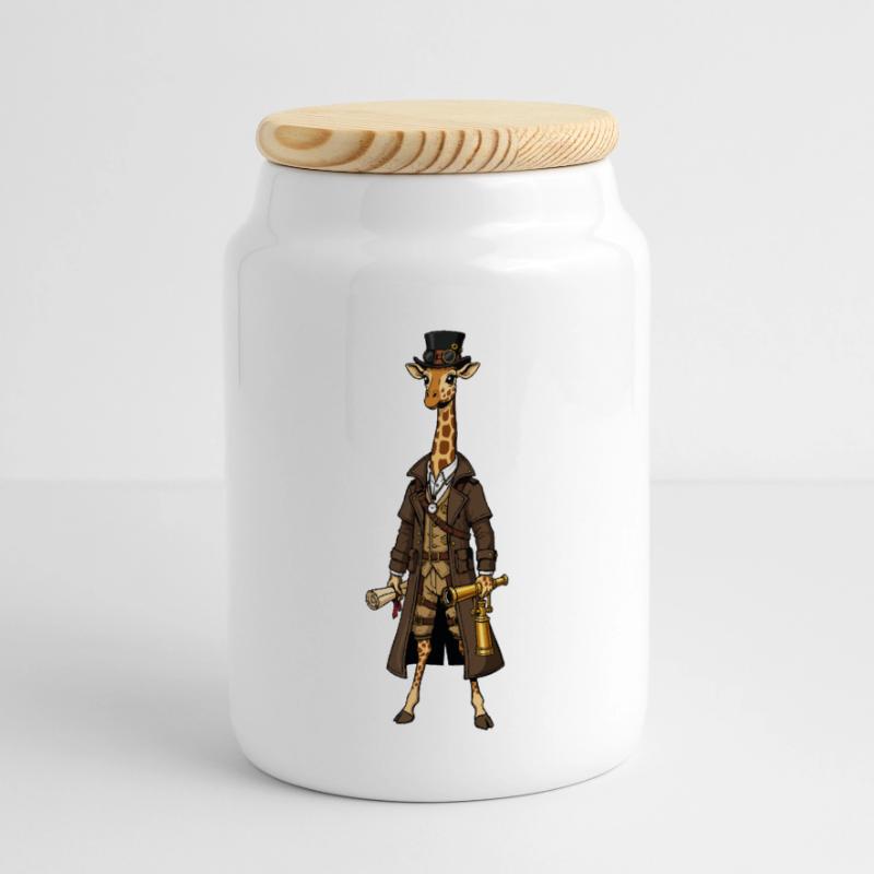 Giraffe Explorer Steampunk Chic Top Hat Panoramic Cookie Jar with Wooden Lid