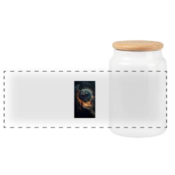 Darstellung einer Hand, die scheinbar die Erde häl - Panorama Keksdose mit Holzdeckel - Weiß - Vorne