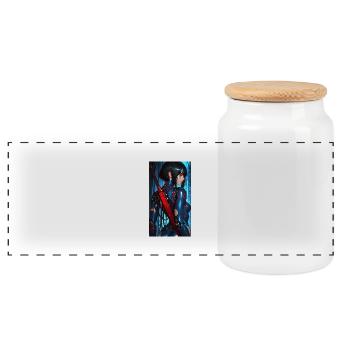 3D Blau/Rot Cyberpunk-Samurai-Kriegerin mit Katana - Panorama Keksdose mit Holzdeckel - Weiß - Vorne