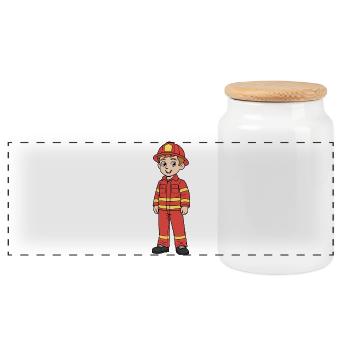 Red cartoon child firefighter - Panoramic Cookie Jar with Wooden Lid - white - Front