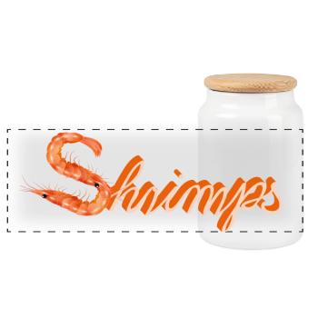 zwei Garnelen oder Shrimps als witzige Typografie - Panorama Keksdose mit Holzdeckel - Weiß - Vorne
