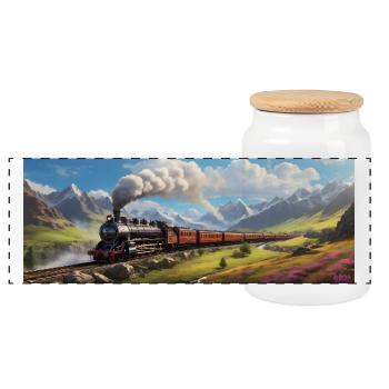 Nostalgic Railway Train with Steam Locomotive - Panoramic Cookie Jar with Wooden Lid - white - Front