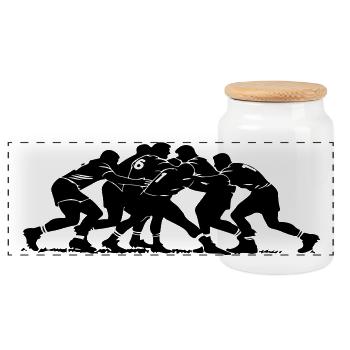 Rugby Scrum Silhouette - Panoramic Cookie Jar with Wooden Lid - white - Front