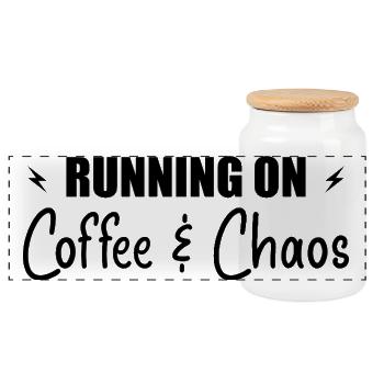 Running on coffee & chaos - Panoramic Cookie Jar with Wooden Lid - white - Front