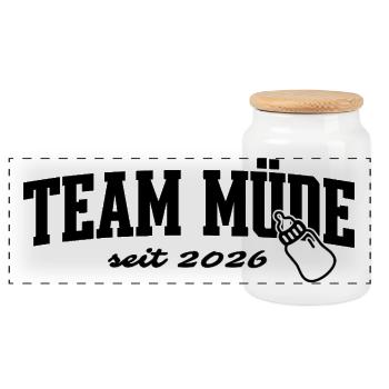 Mom - Dad - Team Tired - Baby - Panoramic Cookie Jar with Wooden Lid - white - Front