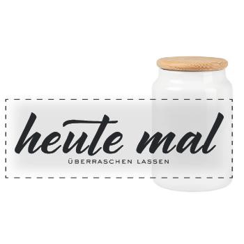 Heute mal überraschen lassen – Minimal Typografie - Panorama Keksdose mit Holzdeckel - Weiß - Vorne