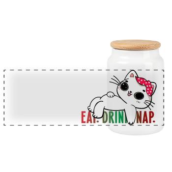Noël chat Noël chat manger boire sieste amusant bande dessinée - Boîte à biscuits avec couvercle en bois - blanc - Devant