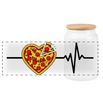 Pizza Is My Life, Heartbeat, Foodie, Love - Panoramic Cookie Jar with Wooden Lid - white - Front