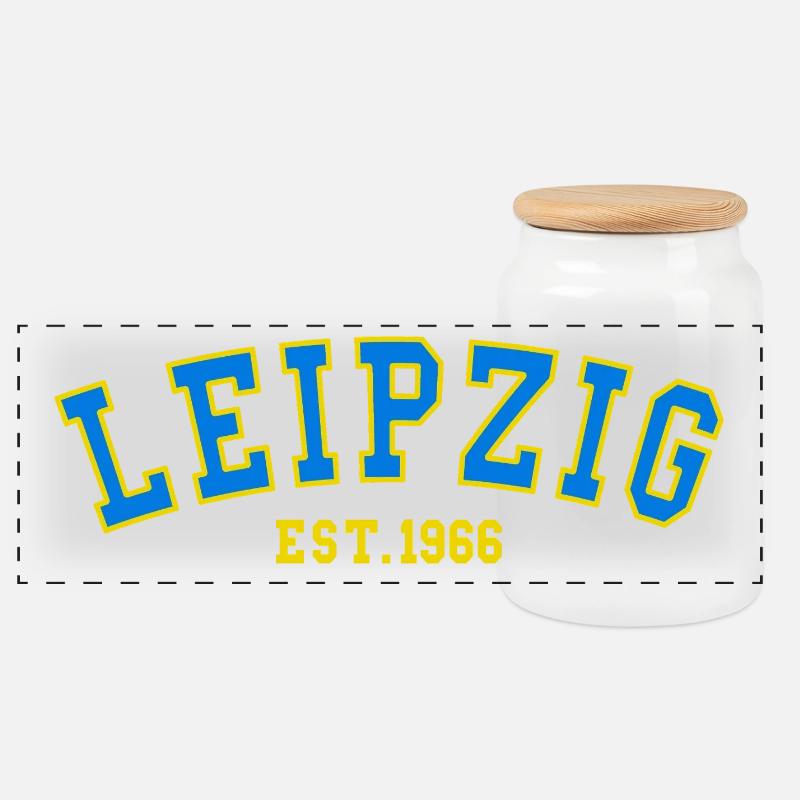 Leipzig Est. 1966 - Panoramic Cookie Jar with Wooden Lid - white