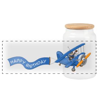 Airplane with happy birthday banner - Panoramic Cookie Jar with Wooden Lid - white - Front