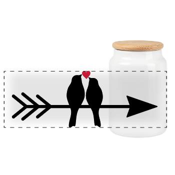 Bird Birds Heart Couple on Arrow Gift Love - Panoramic Cookie Jar with Wooden Lid - white - Front
