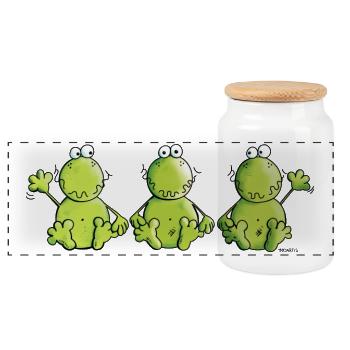 Three Frogs - Panoramic Cookie Jar with Wooden Lid - white - Front