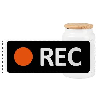 Camera REC recording button. Record, live, rec - Panoramic Cookie Jar with Wooden Lid - white - Front