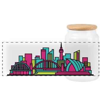 Newcastle City Skyline Tyne Bridge Modern Art - Panoramic Cookie Jar with Wooden Lid - white - Front