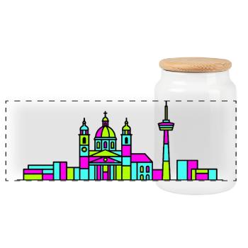 St Polten City Skyline Rathaus Linienkunst - Panorama Keksdose mit Holzdeckel - Weiß - Vorne