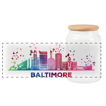 Baltimorean Watercolor Skyline Baltimore - Panoramic Cookie Jar with Wooden Lid - white - Front