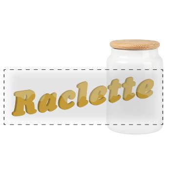 Raclette Käse Schriftzug 3D - Panorama Keksdose mit Holzdeckel - Weiß - Vorne