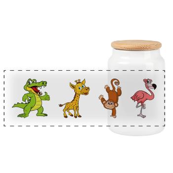 Giraffe monkey flamingo - Panoramic Cookie Jar with Wooden Lid - white - Front