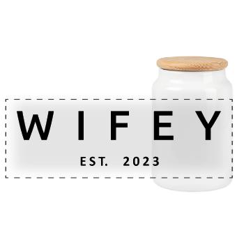 Wifey Est. 2023 Engagement Bridal Shower Wedding - Panoramic Cookie Jar with Wooden Lid - white - Front