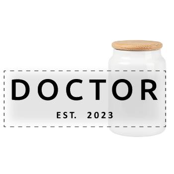 Doctor Est. 2023 Graduated Doctor Student Gift - Panoramic Cookie Jar with Wooden Lid - white - Front