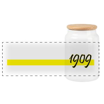 1909 with yellow bar - Panoramic Cookie Jar with Wooden Lid - white - Front